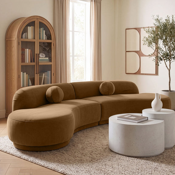 Dark brown velvet performance sectional sofa with rounded chaise and bolster pillows