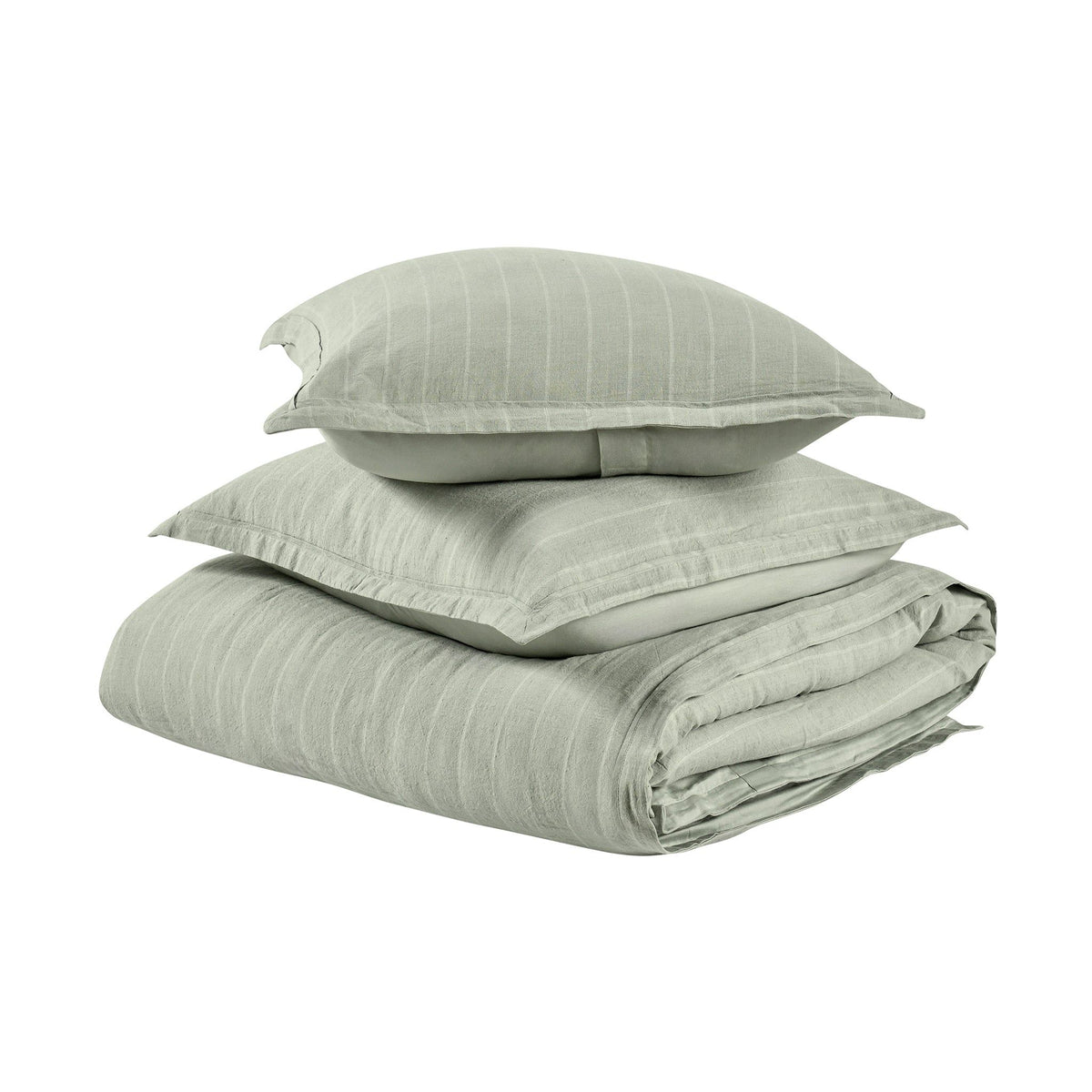 Folded light green king duvet cover with vertical stripes and piped edges