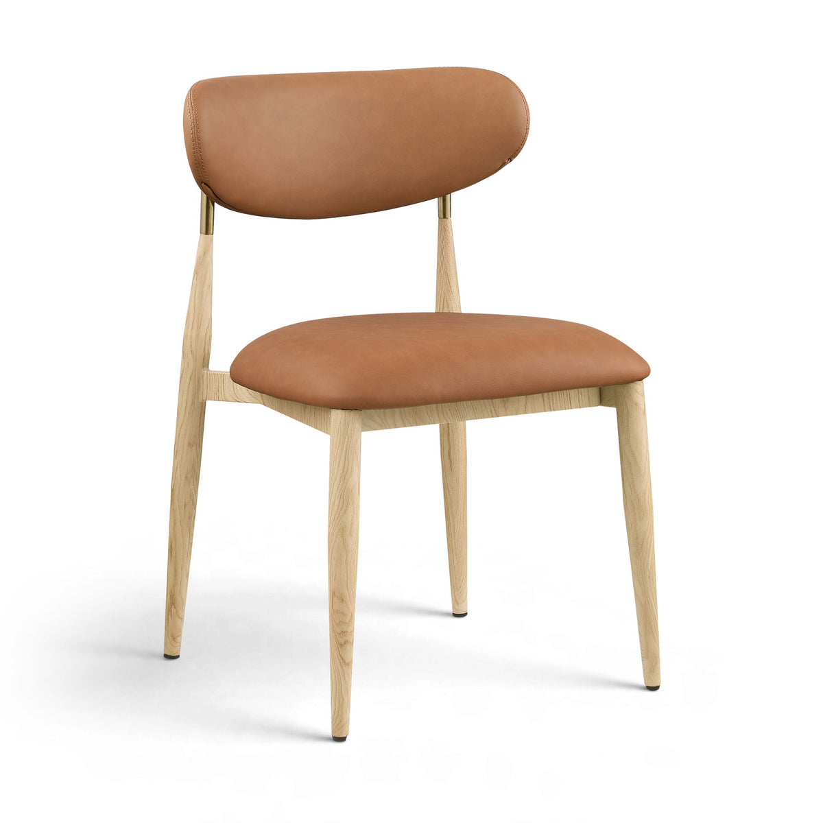 Cognac brown upholstered dining side chair with light wood legs and brass accents
