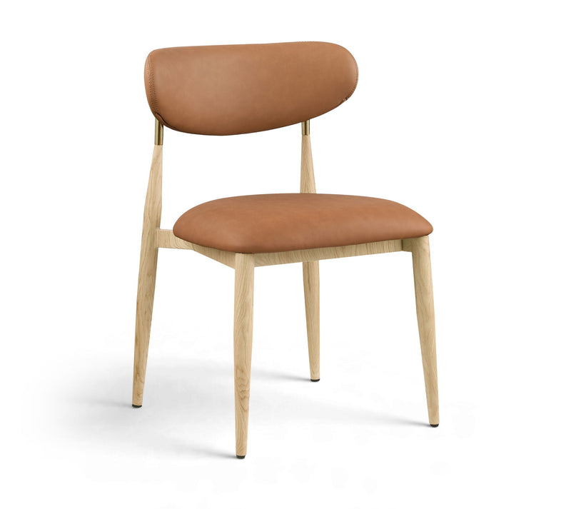 Cognac brown upholstered dining side chair with light wood legs and brass accents
