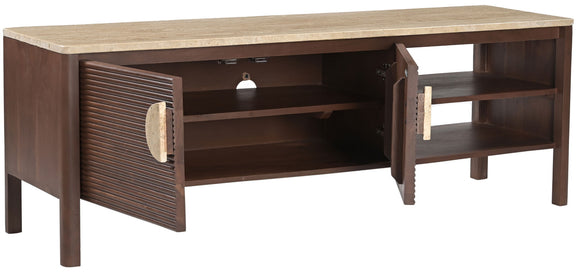 Varenna acacia wood media console with slatted cabinet door open, beige top