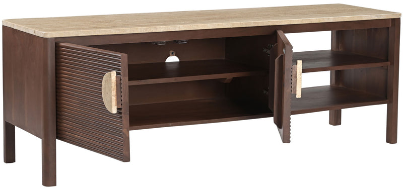 Varenna acacia wood media console with slatted cabinet door open, beige top