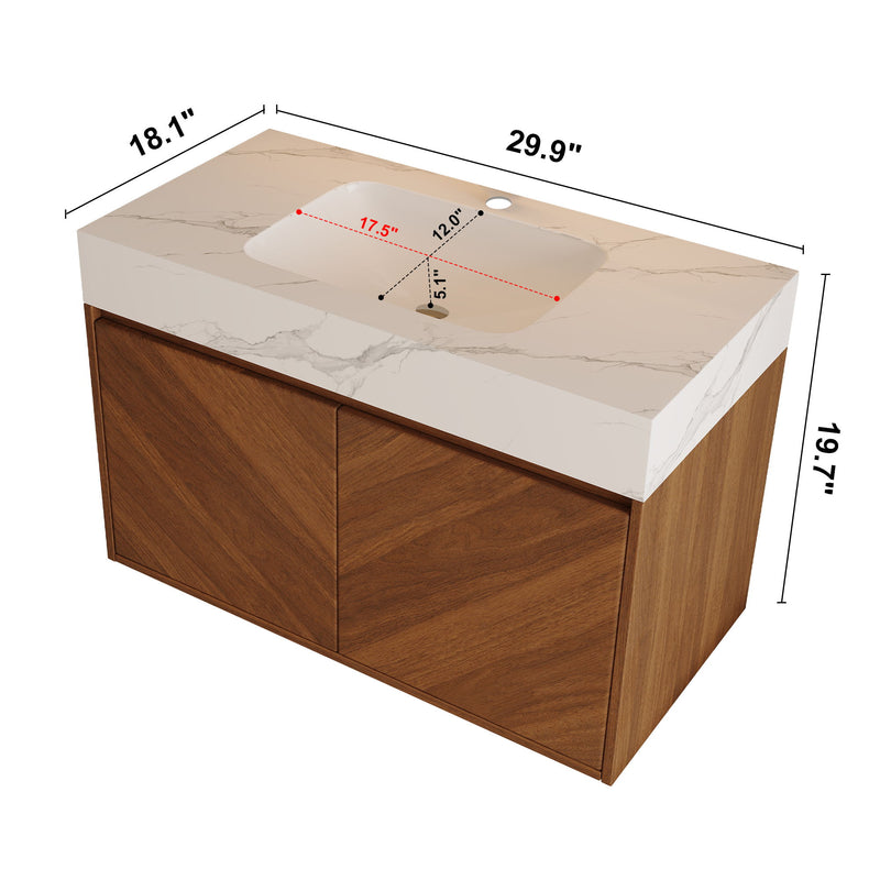 Walnut wall-mounted vanity with sink, shown with dimensions