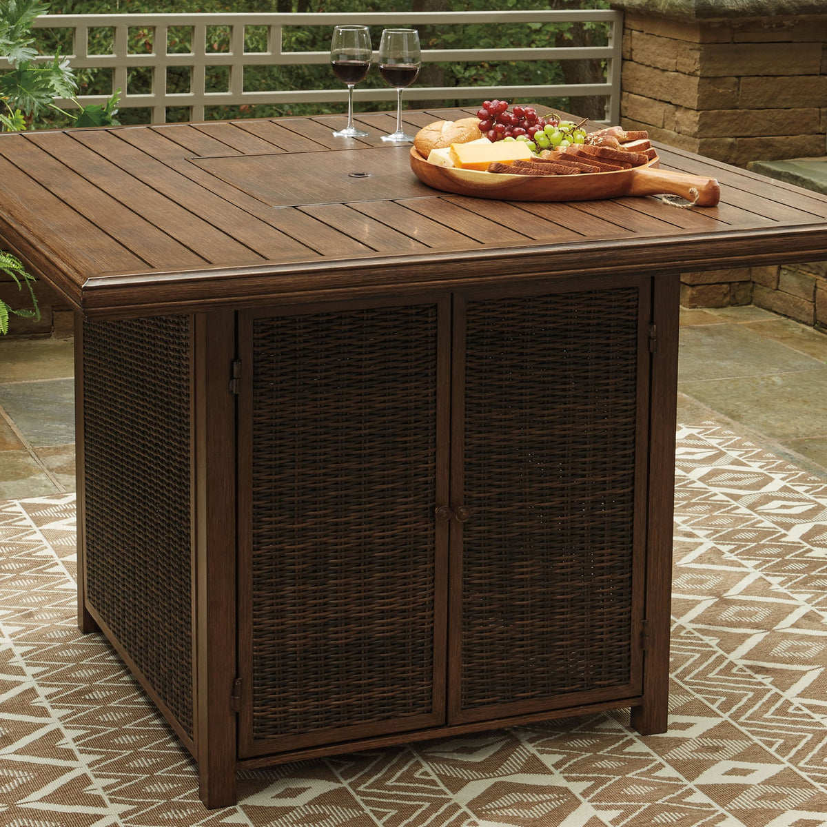 Paradise Trail - Square Bar Table w/Fire Pit - Medium Brown