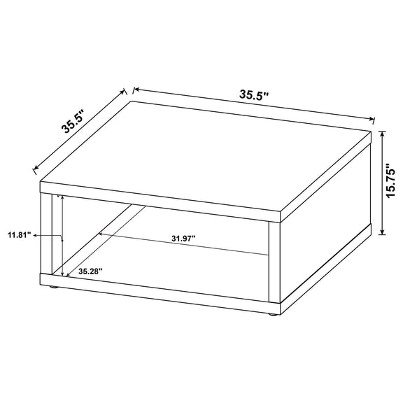 Hermosa open-sided coffee table dimensions, 35.5" x 35.5" x 15.75"