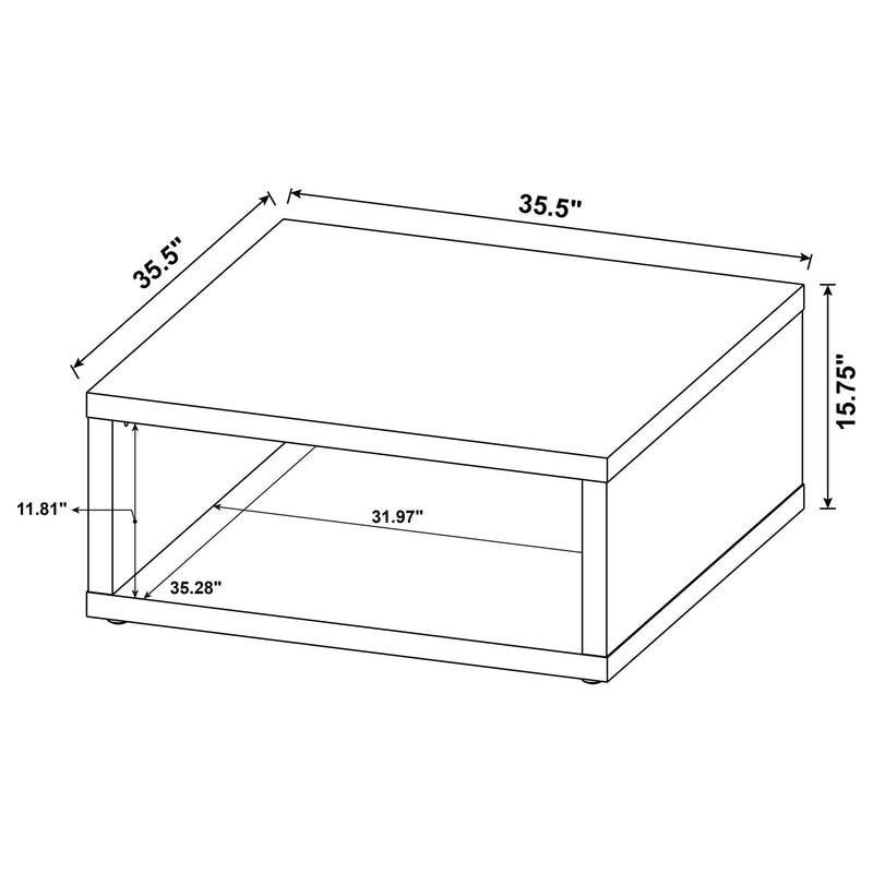 Hermosa open-sided coffee table dimensions, 35.5" x 35.5" x 15.75"