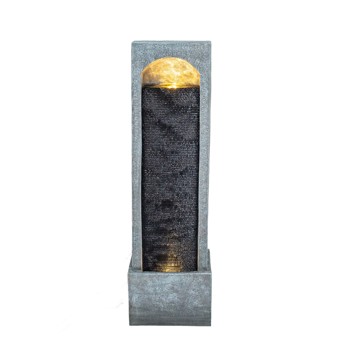 Tall gray outdoor water fountain with a black textured cascade and gold-toned top