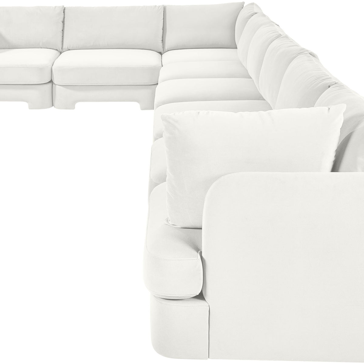 White velvet L-shaped sectional sofa with chaise and rounded arms