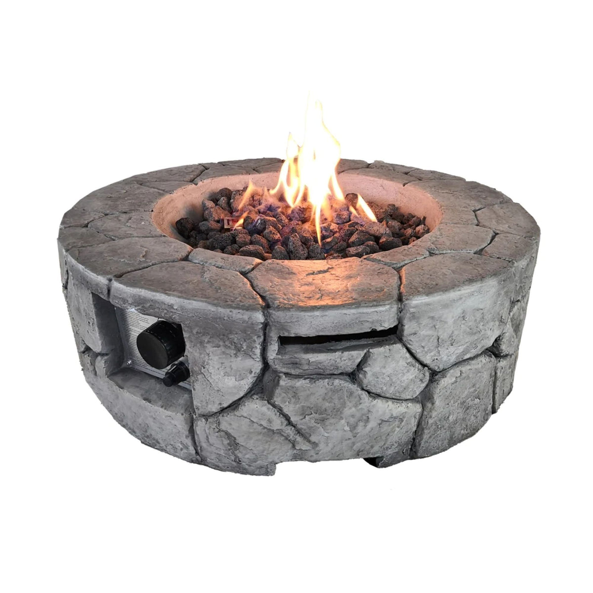 Gray stone outdoor fire pit ring with open fire, lava rocks, and small side air vent opening