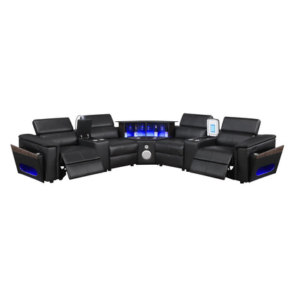 Black sectional sofa with blue LED display and built-in side speaker ports