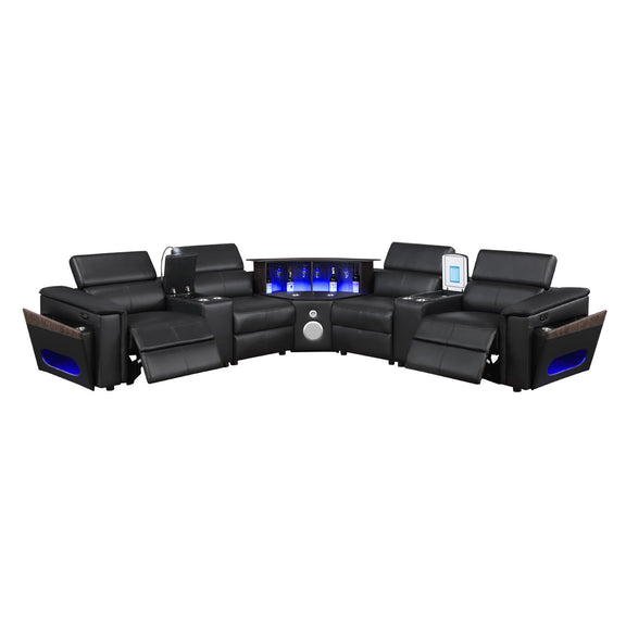 Black sectional sofa with blue LED display and built-in side speaker ports