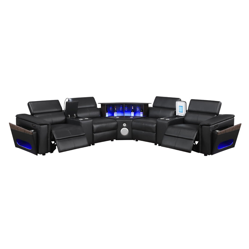 Black sectional sofa with blue LED display and built-in side speaker ports