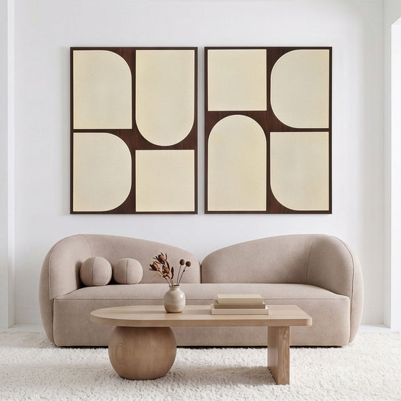 Geometric two-piece wall art set with cream textured shapes in dark wood frames