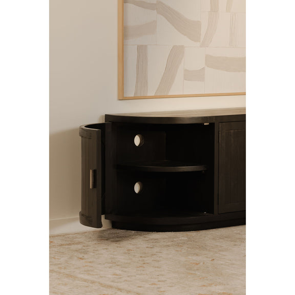 Black media cabinet with two open shelves and side doors with gold-tone handles