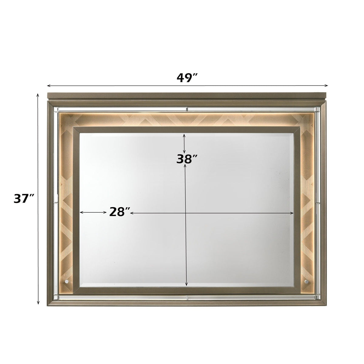 LED mirror dimensions: 49 in wide, 37 in high; inner panel 38 x 28 in
