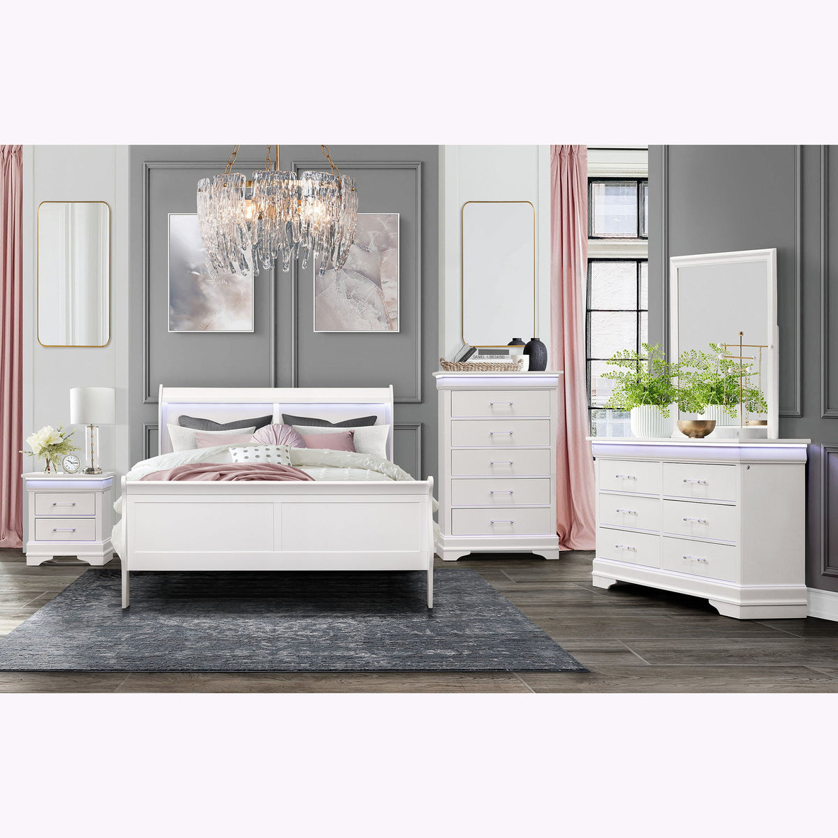 White sleigh bed with LED light strip along headboard, styled bedroom interior