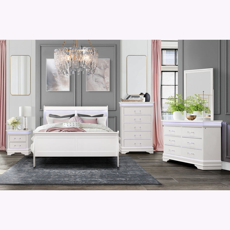 White sleigh bed with LED light strip along headboard, styled bedroom interior