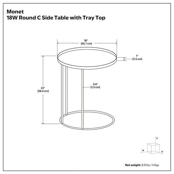 Monet 18W round side table diagram with tray top and size dimensions.