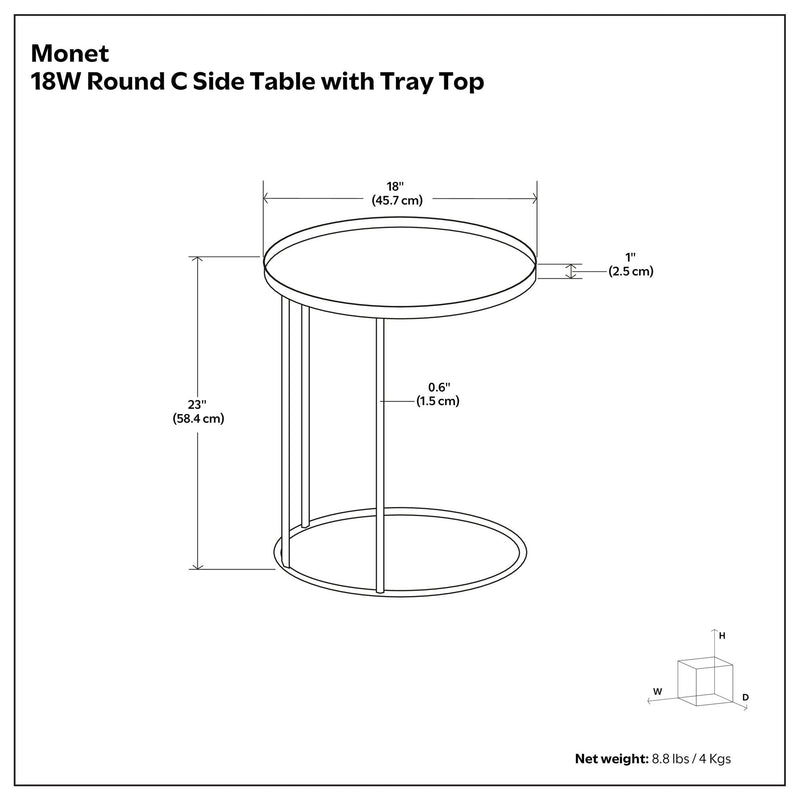 Monet 18W round side table diagram with tray top and size dimensions.