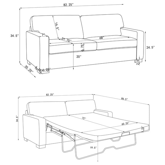 Sleeper sofa dimensions drawing with pull-out bed frame underneath