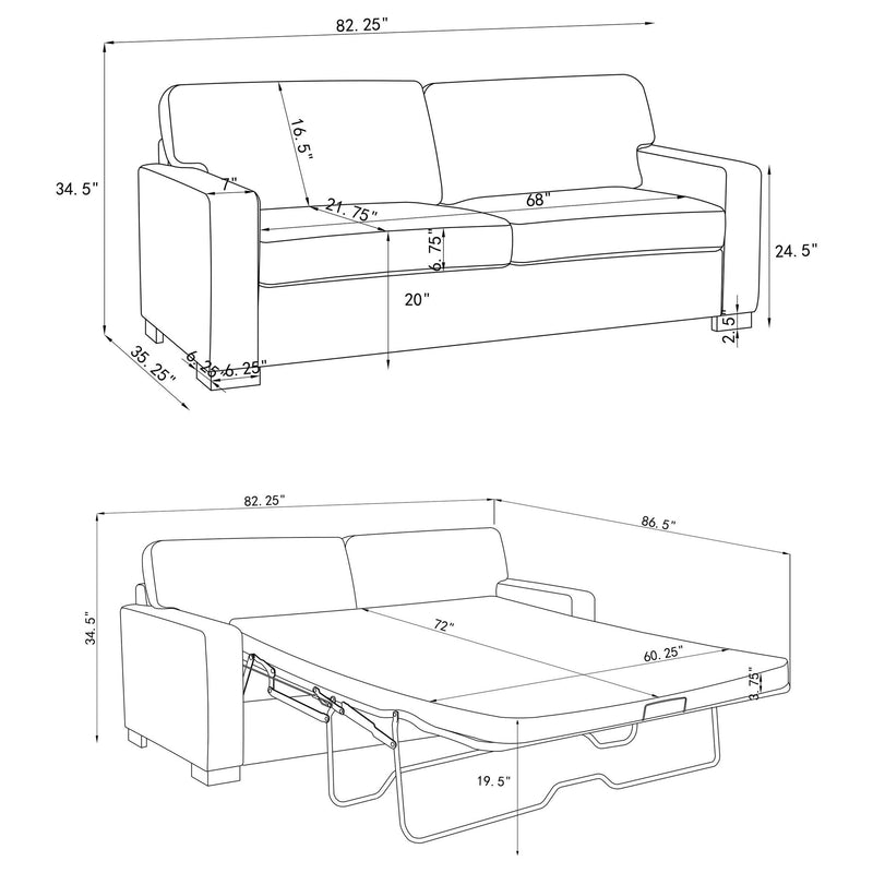 Sleeper sofa dimensions drawing with pull-out bed frame underneath