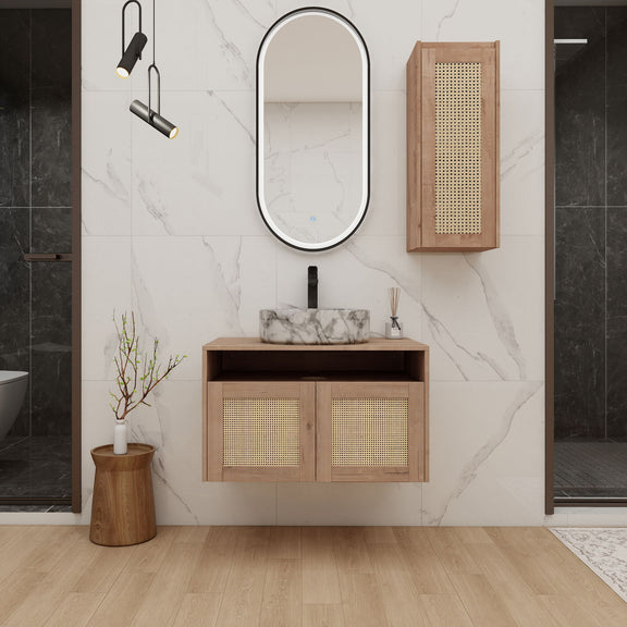 Bathroom vanity with two oval sinks, wood base with mesh doors, and wall side cabinet