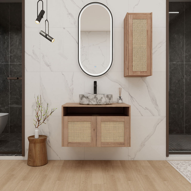 Bathroom vanity with two oval sinks, wood base with mesh doors, and wall side cabinet
