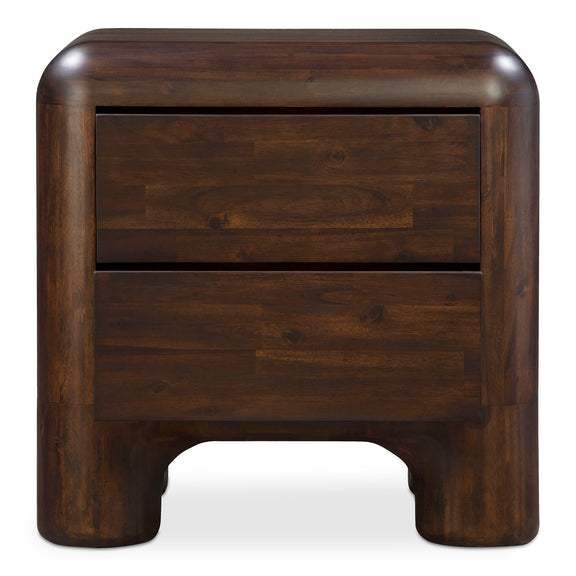 Dark brown wooden nightstand with two drawers, arched trim, rounded legs