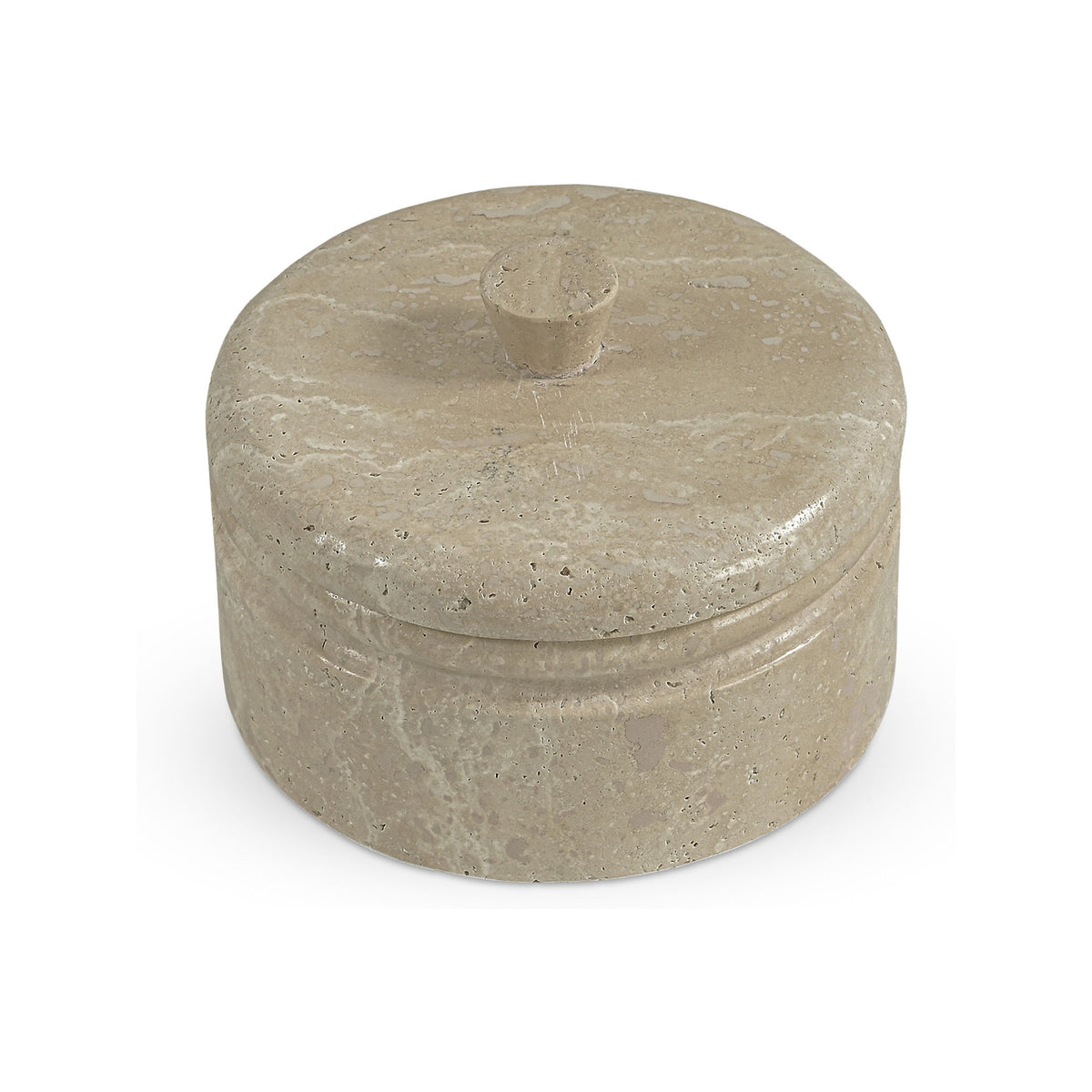 Beige round travertine box with fitted lid and small knob