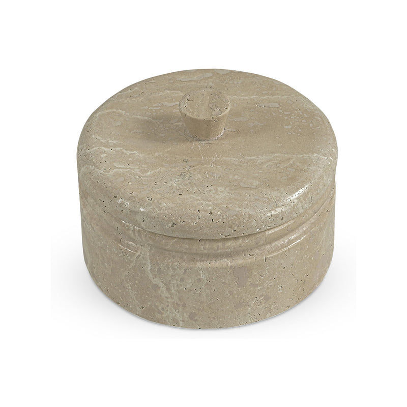 Beige round travertine box with fitted lid and small knob