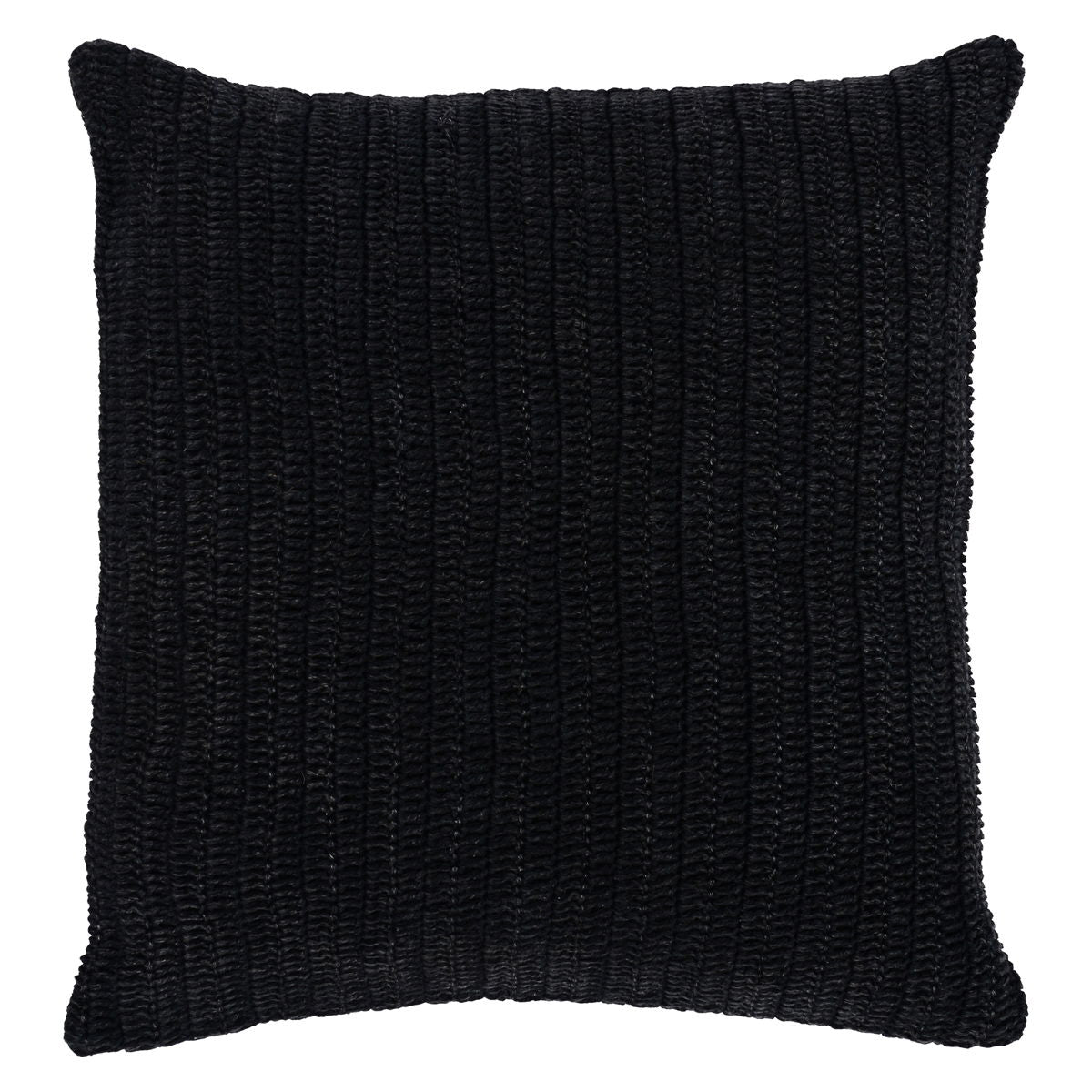 Black square pillow with a chunky ribbed knit texture.