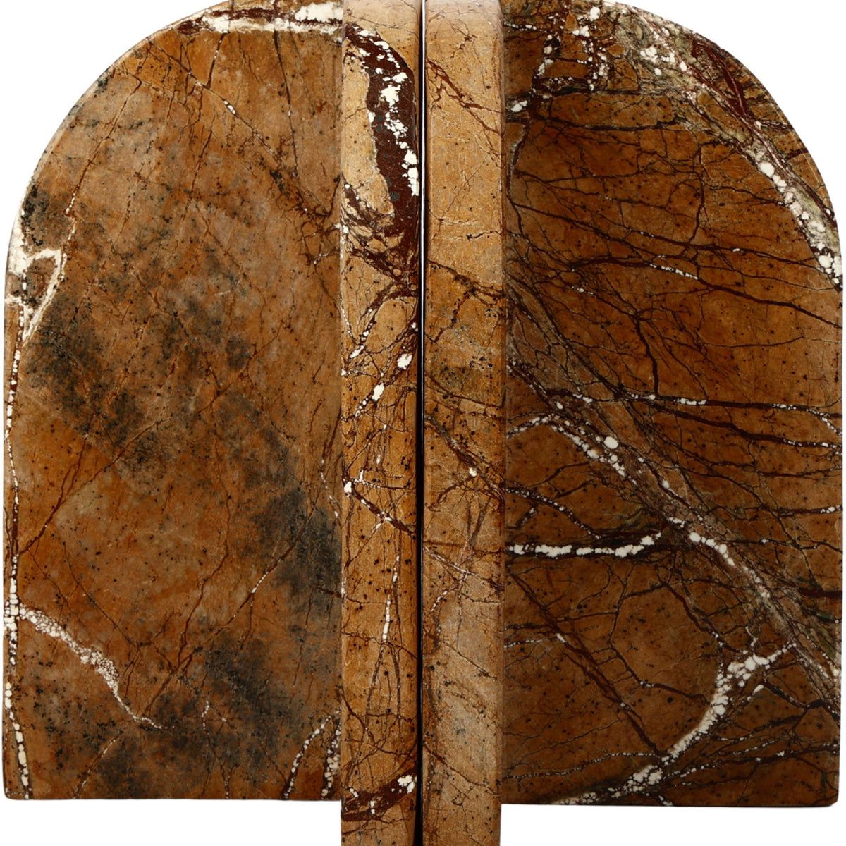 Genuine marble bookends in rust brown and tan with detailed crackle veining.