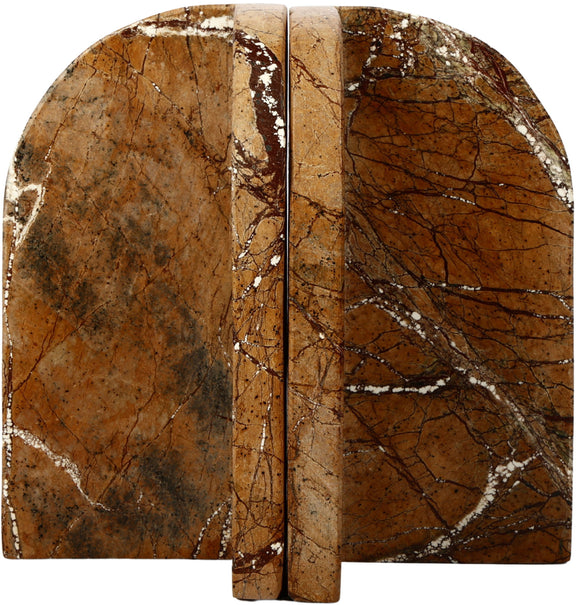 Genuine marble bookends in rust brown and tan with detailed crackle veining.