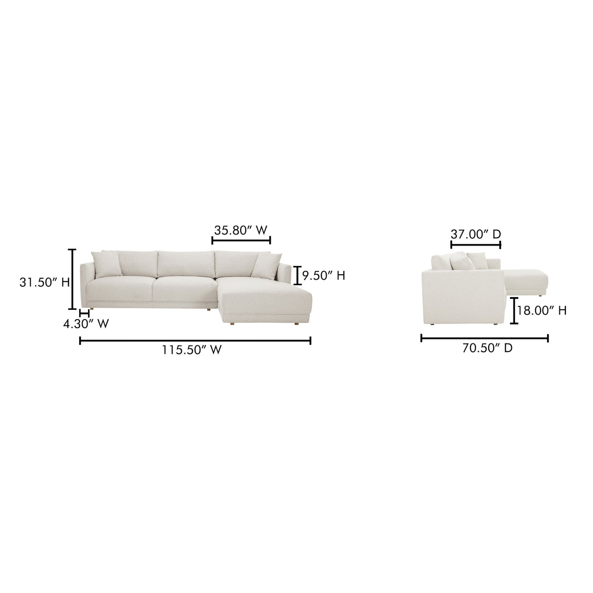 Right sectional sofa layout diagram with dimensions, oyster upholstery, chaise extension