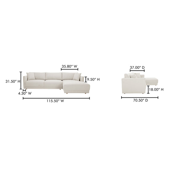 Right sectional sofa layout diagram with dimensions, oyster upholstery, chaise extension