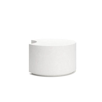 White round coffee table with a broad cylindrical base and slim metal rim.