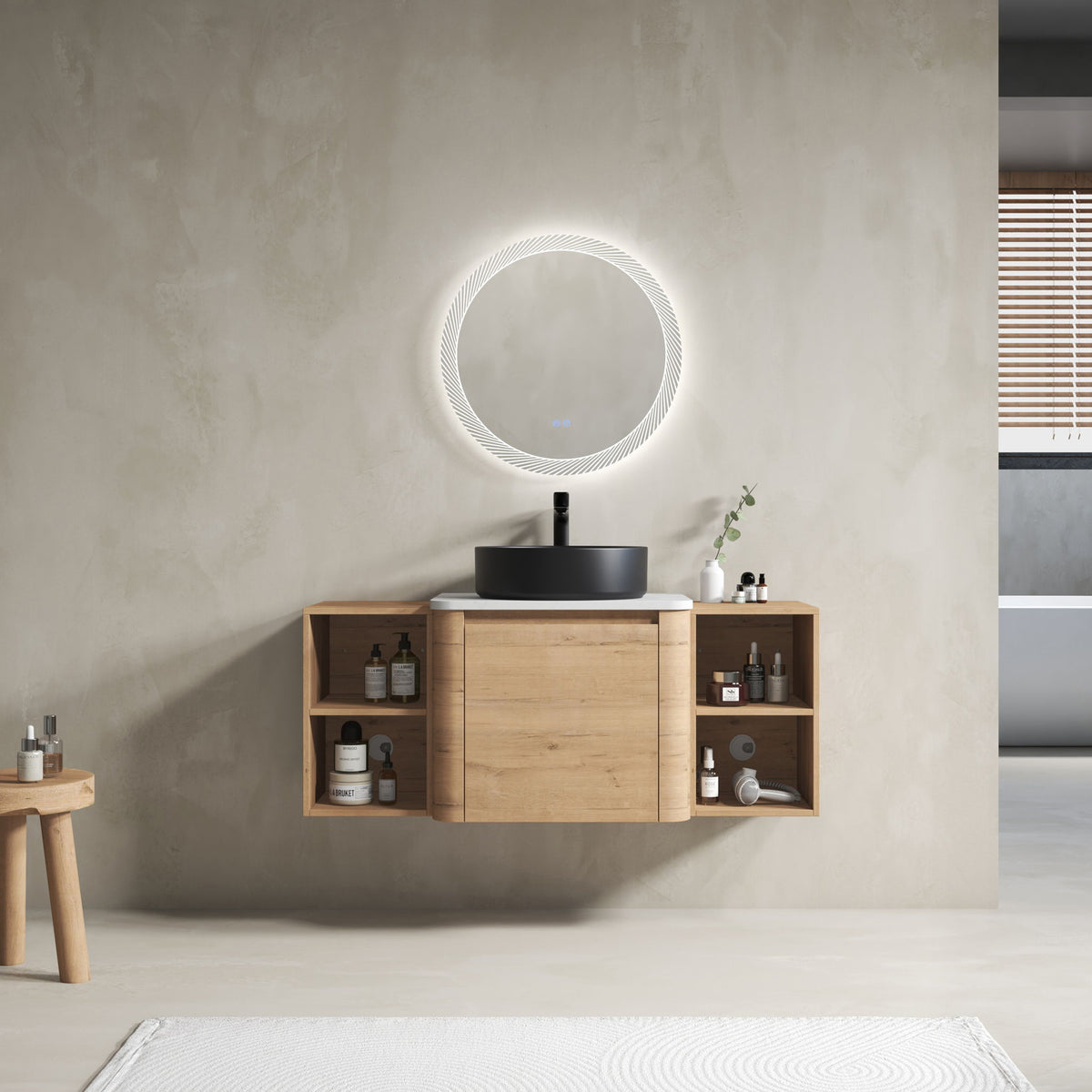 Wall-mounted bathroom vanity with round sink basin and two side storage shelves