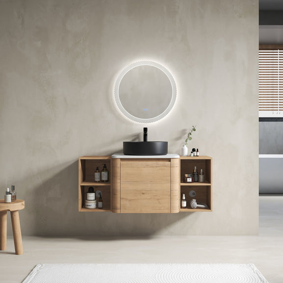Wall-mounted bathroom vanity with round sink basin and two side storage shelves
