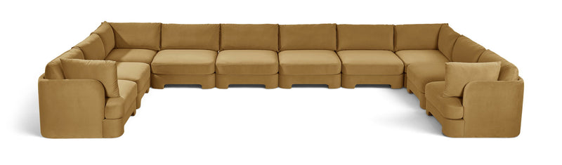 10-piece velvet sectional sofa, beige modular L-shape with chaise and ottoman-style seats.