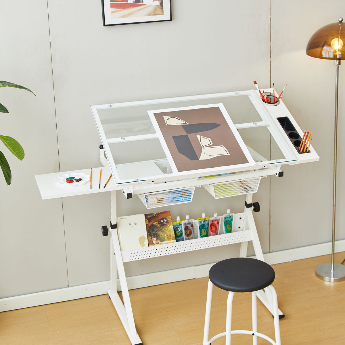 Adjustable Tempered Glass Drafting Printing Table With Chair