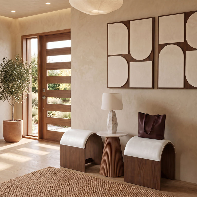 Sable velvet upholstered benches with beige seat cushions and wood bases.