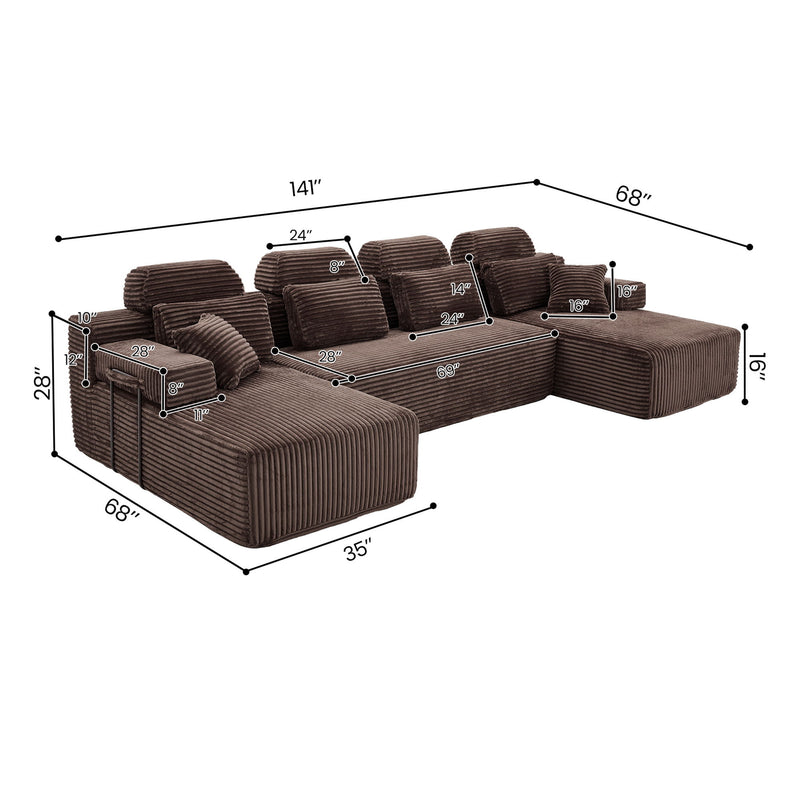 Sectional Sleeper Sofa & Storage Pockets, Modular Couch With Throw Pillows For Living Room