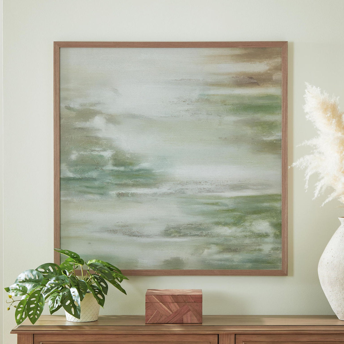 Framed Daybourne abstract wall art with green and brown horizontal brush textures, white tones