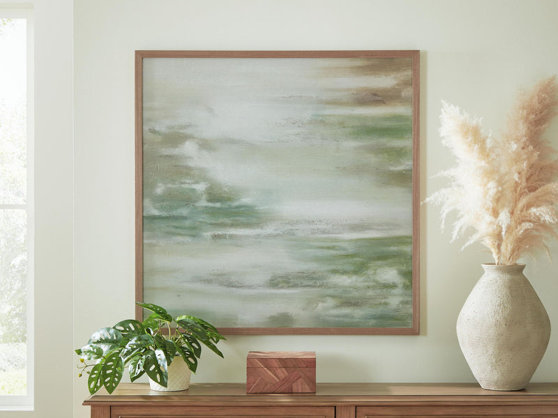 Framed Daybourne abstract wall art with green and brown horizontal brush textures, white tones
