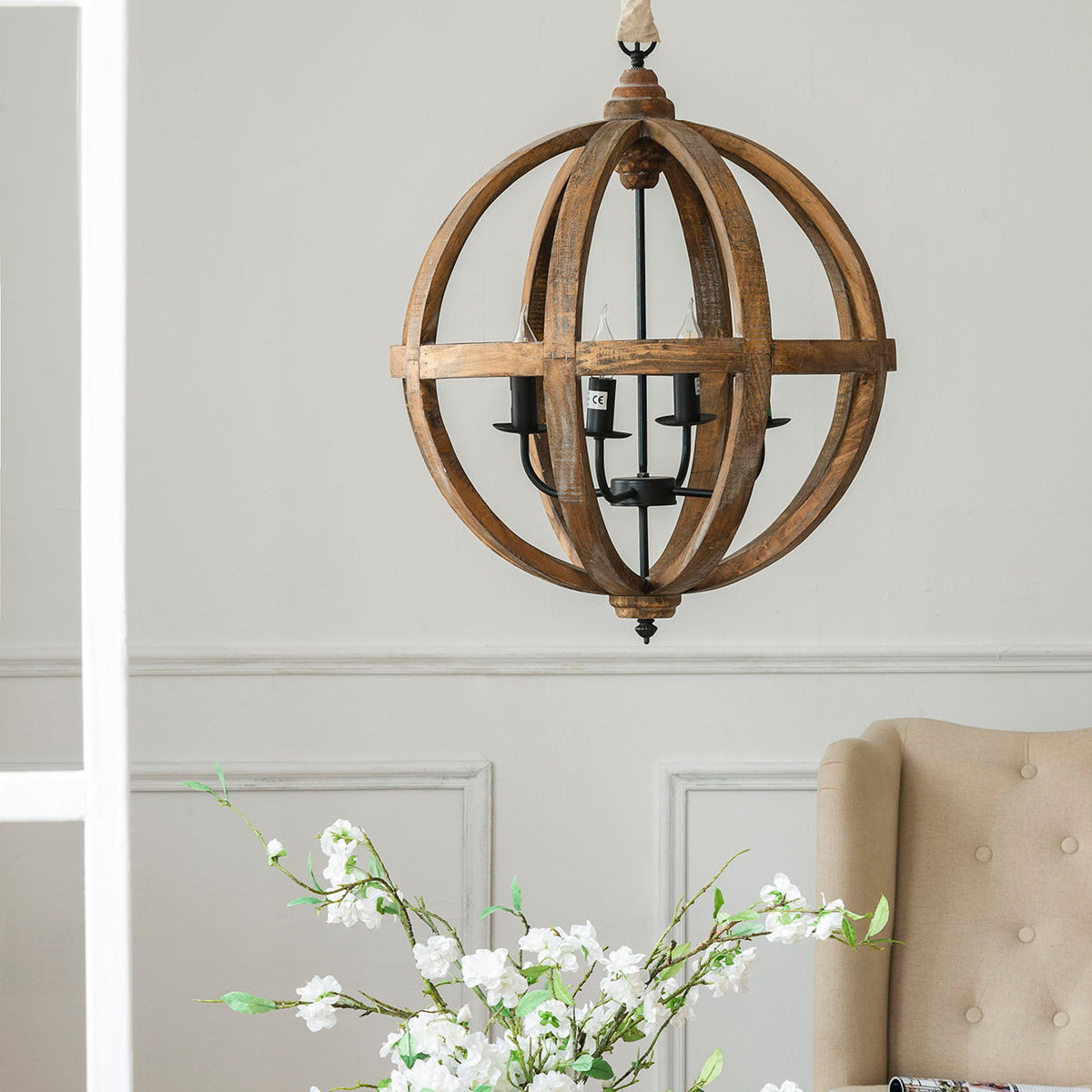4 Light Wood Chandelier, Hanging Light Fixture With Adjustable Chain For Kitchen, Bulb Not Included - Brown