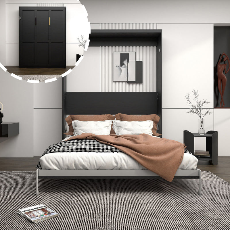 Dark vertical murphy wall bed with open cabinet doors and white mattress on frame