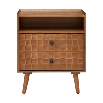 Light brown two-drawer nightstand with open shelf, geometric fronts, and tapered legs