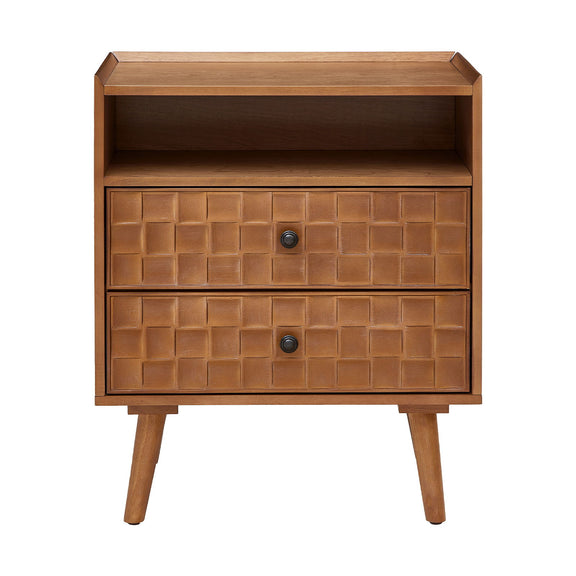 Light brown two-drawer nightstand with open shelf, geometric fronts, and tapered legs