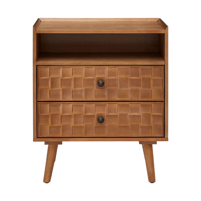 Light brown two-drawer nightstand with open shelf, geometric fronts, and tapered legs