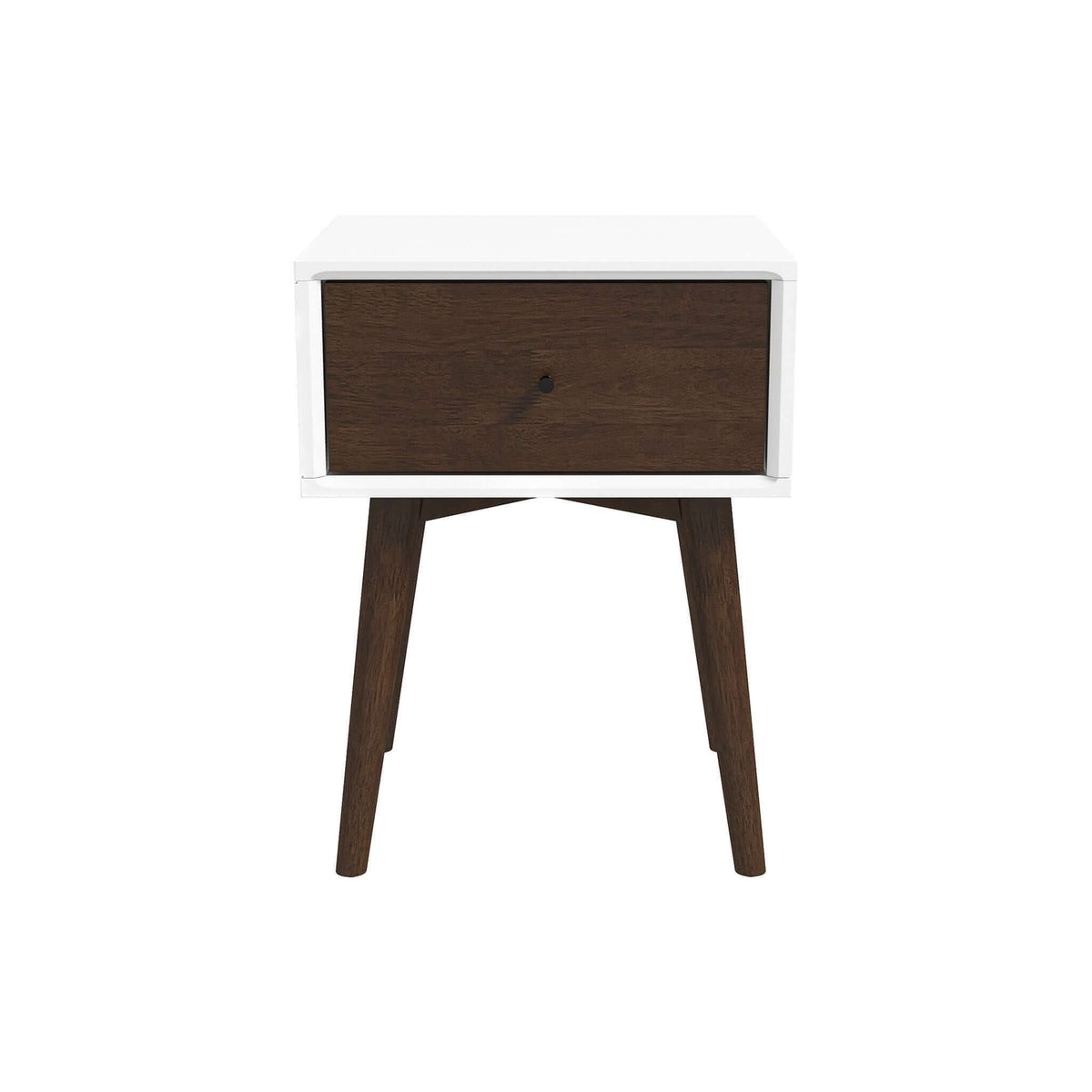 Avery modern design night stand with white frame and dark wood drawer, tapered legs